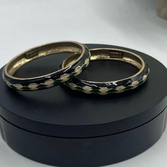 J. Crew VINTAGE 90s Enamel Black White Green Statement Bangle Bracelet Set - Picture 1 of 7